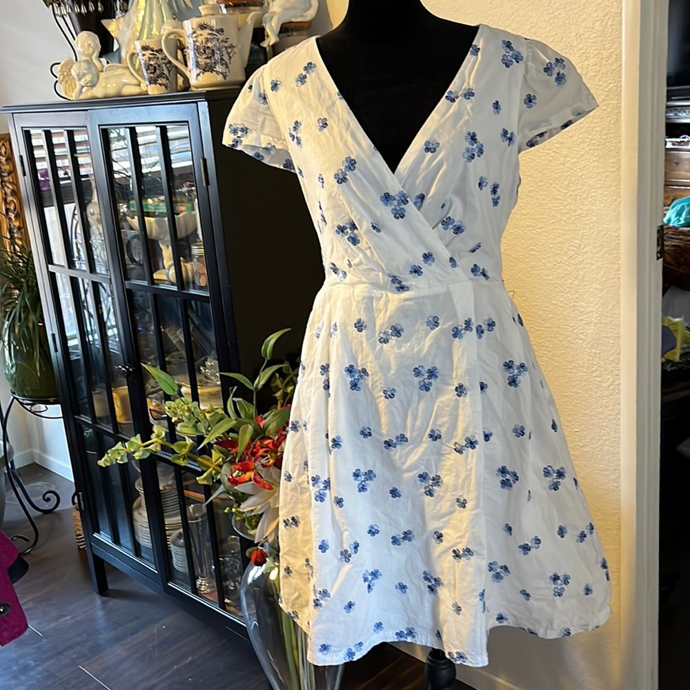 DKNY Asymmetrical Dress in White with Blue Floral